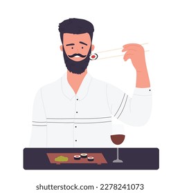 Man eating sushi. Boy eats asian food, asiatic dinner, sushi lover, asian menu vector illustration