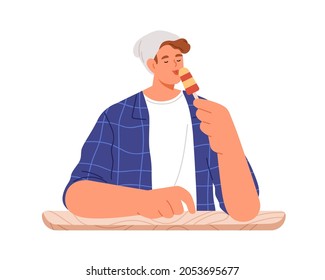 Man eating sweet dessert, licking icecream on stick. Young person enjoying ice cream with pleasure. Happy guy holding yummy tasty food in hands. Flat vector illustration isolated on white background