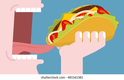 Man eating taco. Consumption of fast food. Traditional Mexican meal is national. Harmful breakfast. Open mouth with tongue and teeth. dinner consumption
