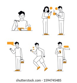 Man is eating, talking, running, speaking, chatting vector illustrations