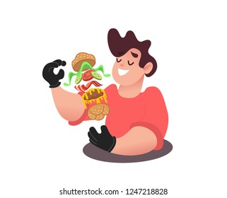 Man eating tasty burger. Guy with meal. What is the burger, hamburger recipe. Person takes pleasure in the smell of food, is going to eat. Isolated objects, vector illustration
