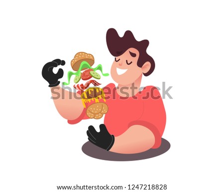 Man eating tasty burger. Guy with meal. What is the burger, hamburger recipe. Person takes pleasure in the smell of food, is going to eat. Isolated objects, vector illustration
