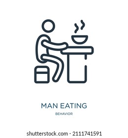 hombre comiendo un icono de línea delgada. inducción, iconos lineales de alimentos del concepto de comportamiento, signo de contorno aislado. Elemento de símbolo de ilustración vectorial para diseño web y aplicaciones.