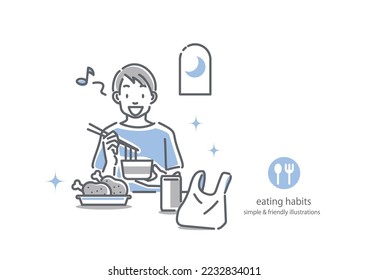 man eating unhealthy late at night, simple line illustrations