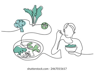 Man eating vegetables in one continuous single line style isolated on white background for healthy food concept.