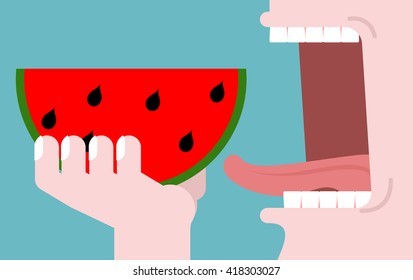 Man eating watermelon. fruit consumption. Red fresh slice of sweet fruit. Healthy breakfast. Open mouth with tongue and teeth. use of vegetarian food

