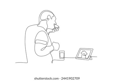 Man eating while checking the house via smart home application on tablet.Individual monitoring home electricity one-line drawing
