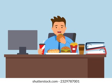 Man eating while working in front of computer. Fat hungry man working in office.