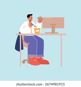 Hombre comiendo mientras trabaja en la computadora en el escritorio
