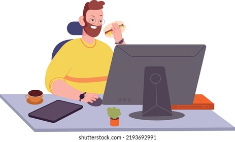 Man Eating At Work. Lunch Break In Office Workspace Isolated On White Background