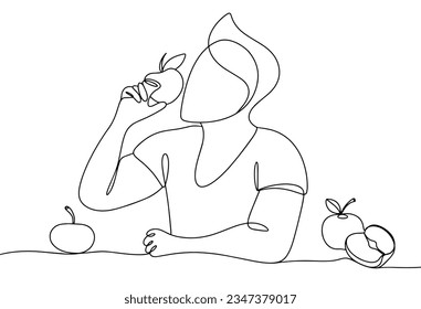 A man eats an apple with pleasure. Juicy ripe fruit. International Eat An Apple Day. One line drawing for different uses. Vector illustration.