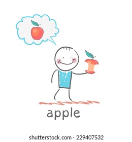 man eats an apple and think of the apple