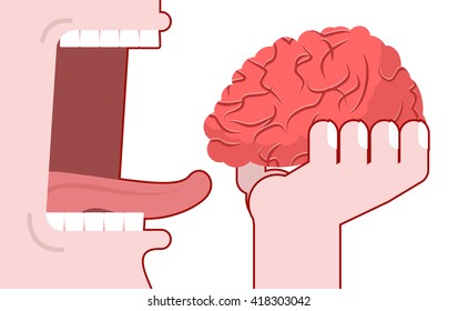 Man eats brain. Consumption of ideas. Brain in his hand. open mouth with teeth and tongue. consumption of mind
