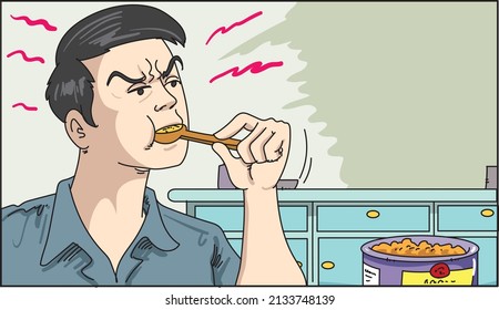 A man eats canned food 