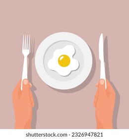 A man eats an egg. Eggs on a plate. Fork and knife in hand. Healthy protein food. Omelet for breakfast. Organic food. Vector illustration flat design. Isolated on background.