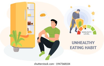 Man eats fatty foods from fridge. Immunity level decreases due to poor nutrition. Unhealthy habit