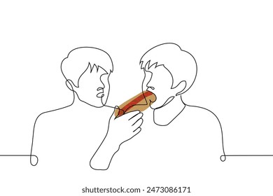 man eats a hotdog, the other watches him - one line art vector. gourmet concept, hungry satisfies hunger with fast food, envy someone else's metabolism. Handmade vector not AI