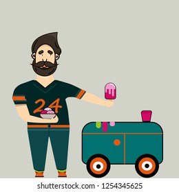 A man eats ice cream and treats people