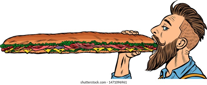 man eats a long sandwich. Pop art retro vector stock illustration drawing