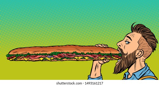 man eats a long sandwich. Pop art retro vector stock illustration drawing