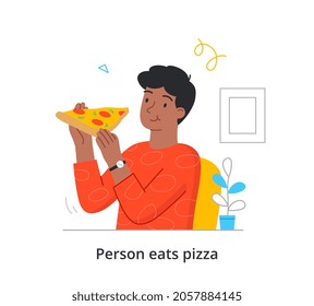 Man eats pizza concept. Male character sitting at home or in cafe and holding piece of delicious hot dish. Fast food or Italian cuisine. Cartoon flat vector illustration isolated on white background