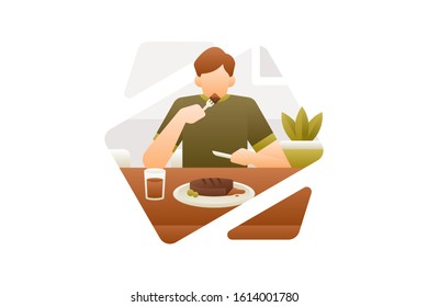 A man eats a plate of steak on the dining table. Minimalist living background illustration concept.
