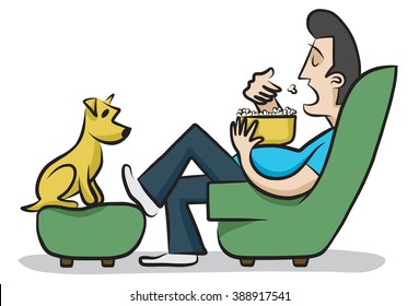 A man eats popcorn in a recliner as his dog looks on eagerly.