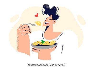 Man eats ravioli enjoying taste of Italian dish delivered from restaurant or handmade. Smiling guy holding plate of ravioli pasta and satisfies hunger with traditional food from Italy