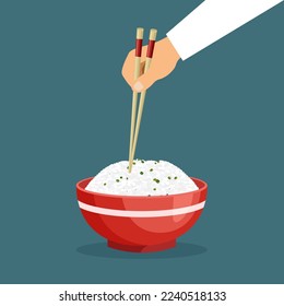 El hombre come arroz en un tazón rojo con palillos. Un plato oriental. Cocina asiática tradicional. Ilustración vectorial en un estilo plano de moda aislado en el fondo blanco.