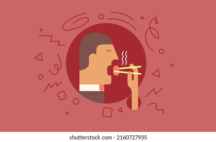 A man eats rolls with chopsticks. Vector illustration. Simple, modern style. Background for cover, poster, animation.