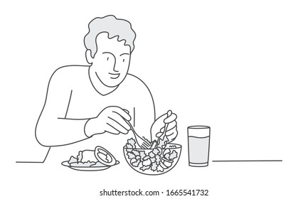 Man eats salad. Vegetarian. Hand drawn vector illustration.