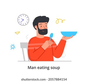 Man eats soup. Male character sitting at table, holding spoon and plate with delicious fragrant dish. Healthy food with vegetables. Cartoon flat vector illustration isolated on white background