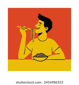 Man eats spaghetti or pasta ordered from italian restaurant and enjoys long-awaited dinner. Young guy eats appetizing dish. Cartoon flat vector isolated trendy illustration