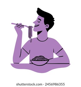 Man eats spaghetti or pasta ordered from italian restaurant and enjoys long-awaited dinner. Young guy eats appetizing dish. Cartoon flat vector isolated trendy illustration