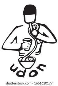Man eats udon and drinks water. Graphics. For advertising and design