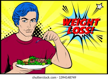 Man eats vegetables, diet, weight loss concept. Healthy Food Guide Recipes and expert diet advice. Food variety and how to live longer idea. Vector, Retro Comic book cartoon, Pop Art  vintage