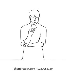 man eats watermelon  he stands and his arms crossed  his cheek is bulging  his mouth is tightly closed  One continuous line drawing man eating fruit (piece watermelon) and an appetite  F
