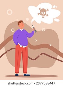 Man with e-cigarette vector illustration, skull and bones as death symbol on background. Negative effect of vaping on immune system. Health concept