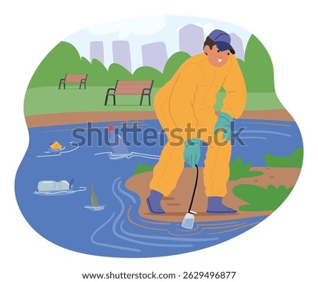 Man ecologist character wearing protective suit collecting water samples in flask from dirty river polluted with plastic waste to check state of contamination cartoon scene vector illustration