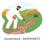 Man ecology scientist characters collecting water samples working at farmland cartoon scene. Environmental contamination control, pollution monitoring, dangerous risk prevention vector illustration