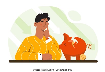 Man with economical problems. Sad young guy sitting near piggy bank with golden coins. Entrepreneur and businessman with bankruptcy. Recession and financial crisis. Cartoon flat vector illustration