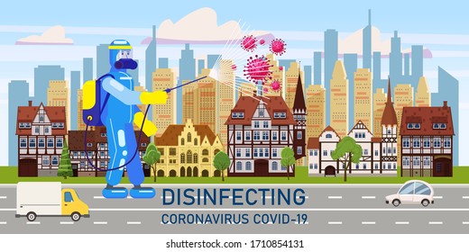 Man edical scientist in chemical protection suit disinfects spray to cleaning and disinfect virus Covid-19 in city downtown on street, Coronavirus disease, preventive measures. Vector illustration