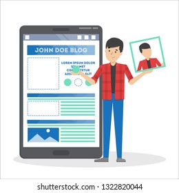 Man edit profile in social network. Web page design on mobile screen. Brunette guy. Vector illustration in cartoon style