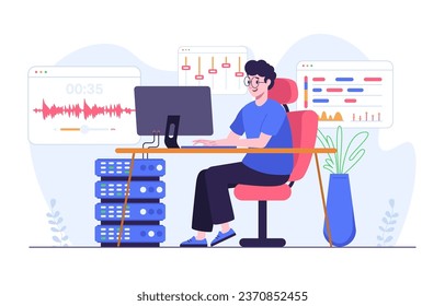 Man editing podcast audio using computer