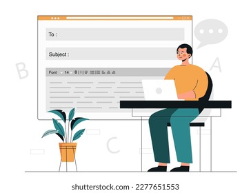 Man editing text. Guy sits at laptop and writes letter, email and business correspondence. Proofreader and editor at workplace, freelancer and remote employee. Cartoon flat vector illustration