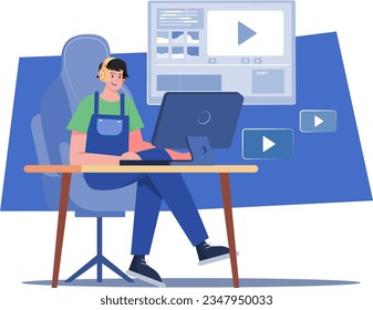 Concepto de Ilustración de Vídeo de Edición de Hombre. Ilustración plana aislada en fondo blanco