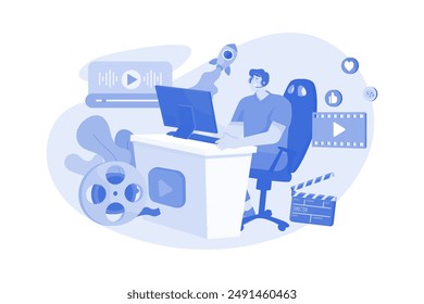 Man Editing Video Illustration concept on white background
