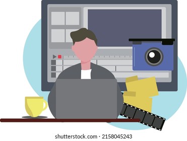 Man editing video on computer. Creator, designer, animator. Vector illustration	
