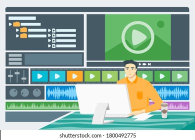 Man Editing Video for Production as Content Creator, Producer or Freelancer in Front of PC Desktop or Computer. Work from Home or Office Illustration. Can be Used for Digital & Print Infographic