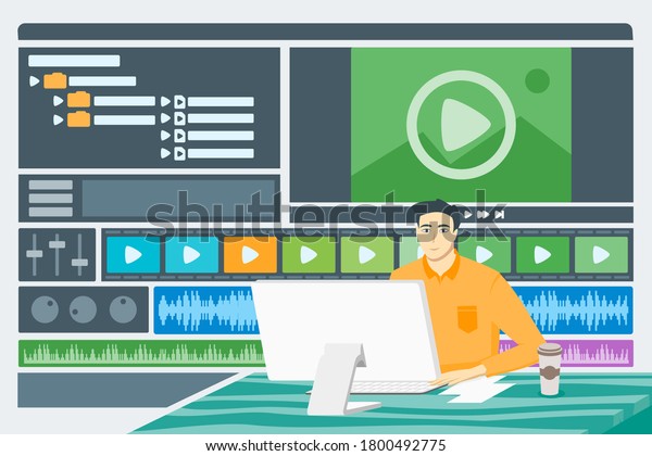 Man Editing Video for Production as Content\
Creator, Producer or Freelancer in Front of PC Desktop or Computer.\
Work from Home or Office Illustration. Can be Used for Digital\
& Print Infographic